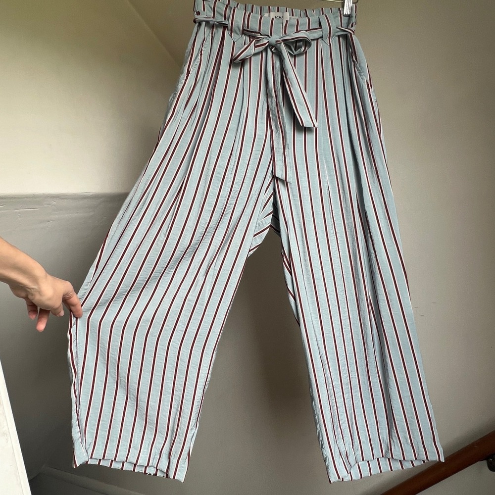 ICHI Striped Wide Leg Pants Size 36 Blue Burgundy Waist Tie Trousers Beachy Chic